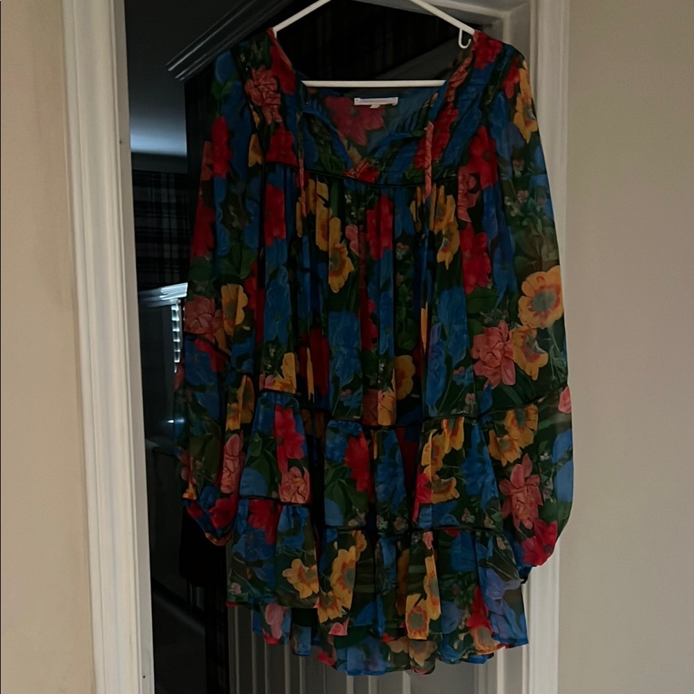 Red and Blue Long Sleeve Sundress with Bishop Sleeves
